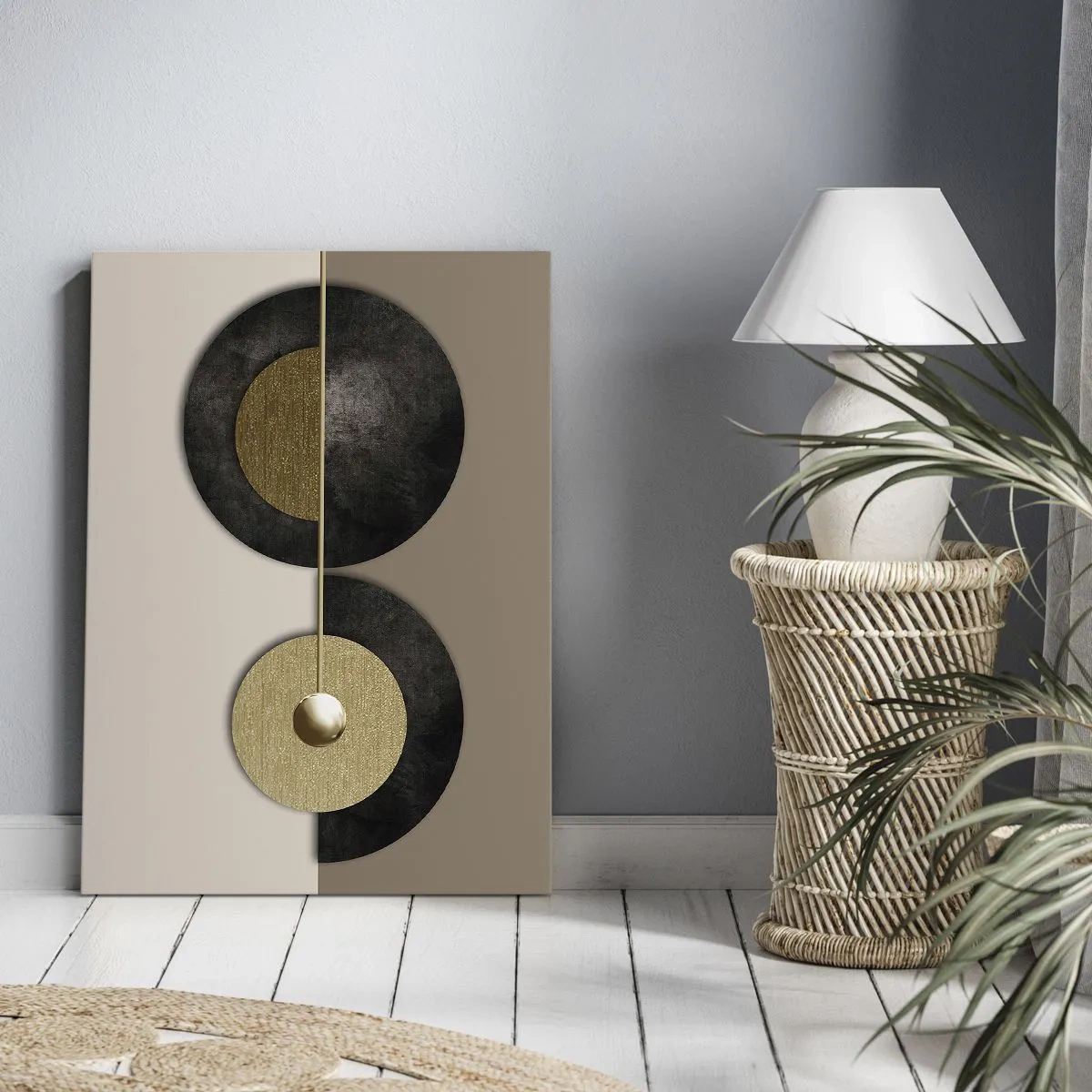 Obraz na płótnie - Minimalistyczna kompozycja geometryczna z czarnymi i złotymi okręgami na beżowym tle - 50x70cm - Wariacje wokół koła - Nowoczesna dekoracja ścienna do salonu, kuchni i sypialni ARTTOR
