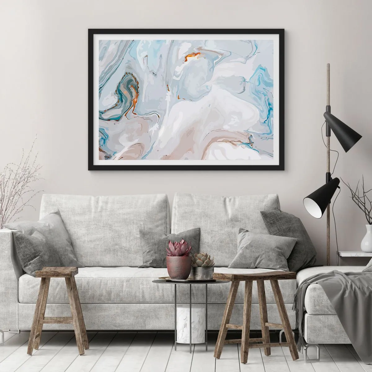 Plakat w czarnej ramie - Abstrakcyjne fale w tonacji błękitu i bieli - 70x50cm - Biel wypiętrzona - Nowoczesna dekoracja ścienna do salonu i sypialni ARTTOR