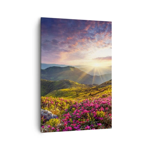 Obraz na płótnie - Górski krajobraz z kwitnącymi rododendronami - 70x100cm - Świeżość górskiego poranka - Nowoczesna dekoracja ścienna do salonu i sypialni ARTTOR