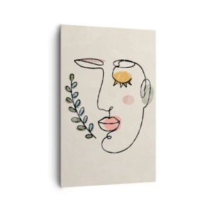 Obraz na płótnie - Minimalistyczny rysunek twarzy z roślinnym motywem na jasnym tle - 80x120cm - Spokój odnaleziony - Nowoczesna dekoracja ścienna do salonu i sypialni ARTTOR