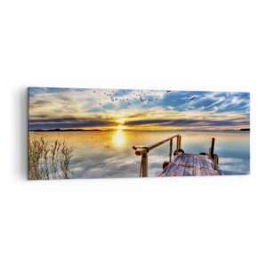 Obraz na płótnie - Drewniany pomost nad jeziorem o zachodzie słońca - 140x50cm - Wiatr idzie na spoczynek - Nowoczesna dekoracja ścienna do salonu i sypialni ARTTOR