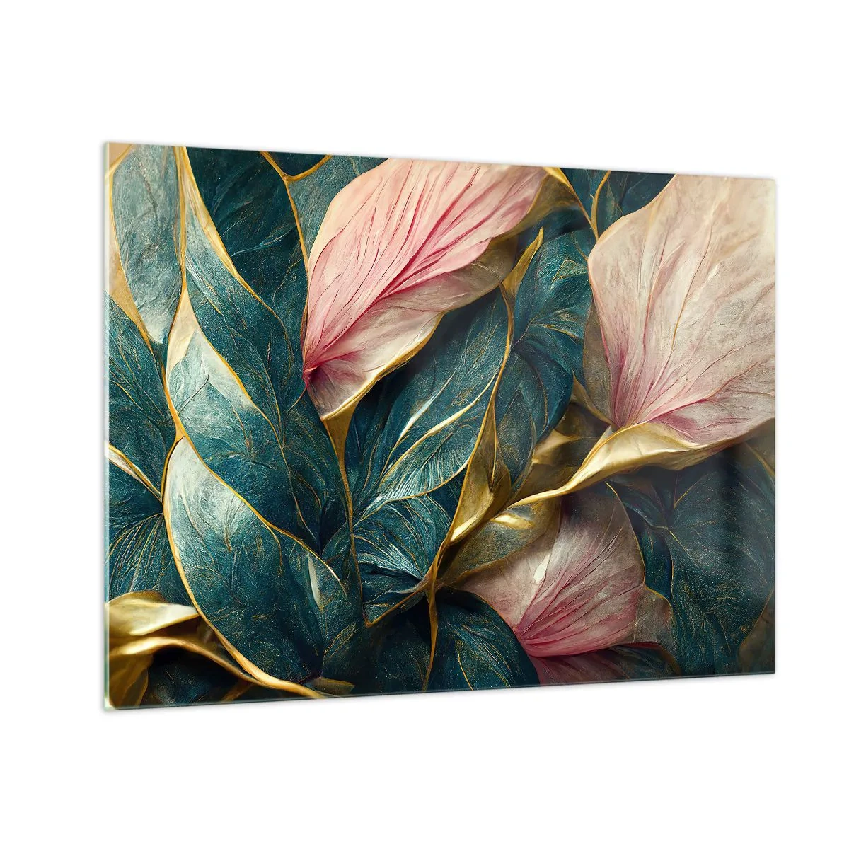 Obraz na szkle - Zielone i różowe liście z akcentami złota - 70x50cm - Naturalna elegancja i styl - Nowoczesna dekoracja ścienna do salonu i sypialni ARTTOR