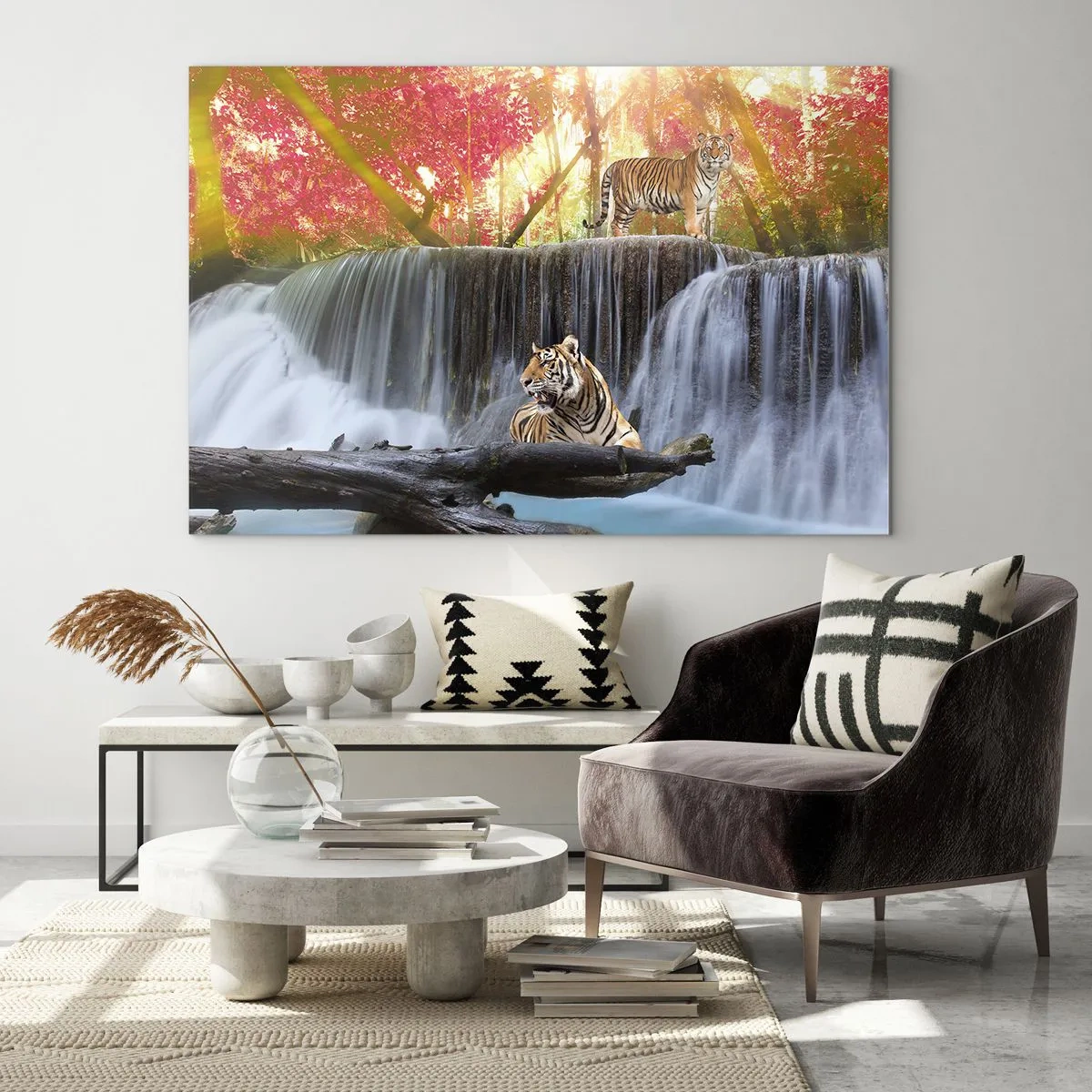 Obraz na szkle - Tygrysy na tle wodospadu i jesiennej scenerii - 120x80cm - Pejzaż surrealistyczny - Nowoczesna dekoracja ścienna do salonu, kuchni i sypialni ARTTOR