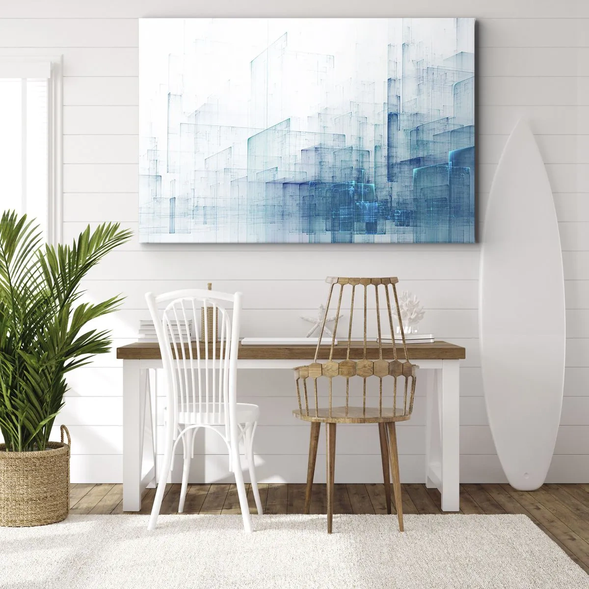 Obraz na płótnie - Abstrakcyjne kształty geometryczne w odcieniach błękitu - 70x50cm - Jak stała się przestrzeń - Nowoczesna dekoracja ścienna do salonu i sypialni ARTTOR