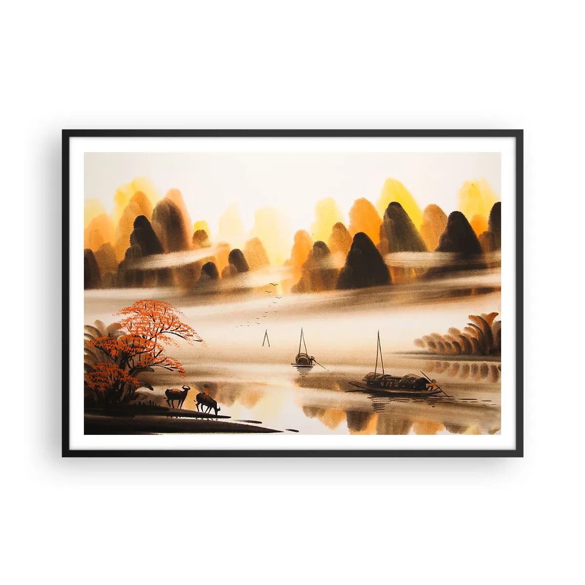 Plakat w czarnej ramie - Orientalny krajobraz z rzeką, górami i delikatną mgłą - 100x70cm - Dalej niż na Dalekim Wschodzie - Nowoczesna dekoracja ścienna do salonu i sypialni ARTTOR