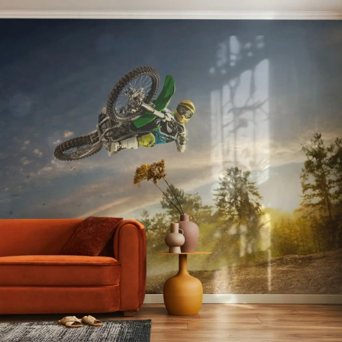 Fototapeta Premium Sand - Motocrossowy skok w powietrzu na tle zachodu słońca - 100x70cm - Włącz emocje! - Nowoczesna dekoracja ścienna do salonu, kuchni i sypialni ARTTOR