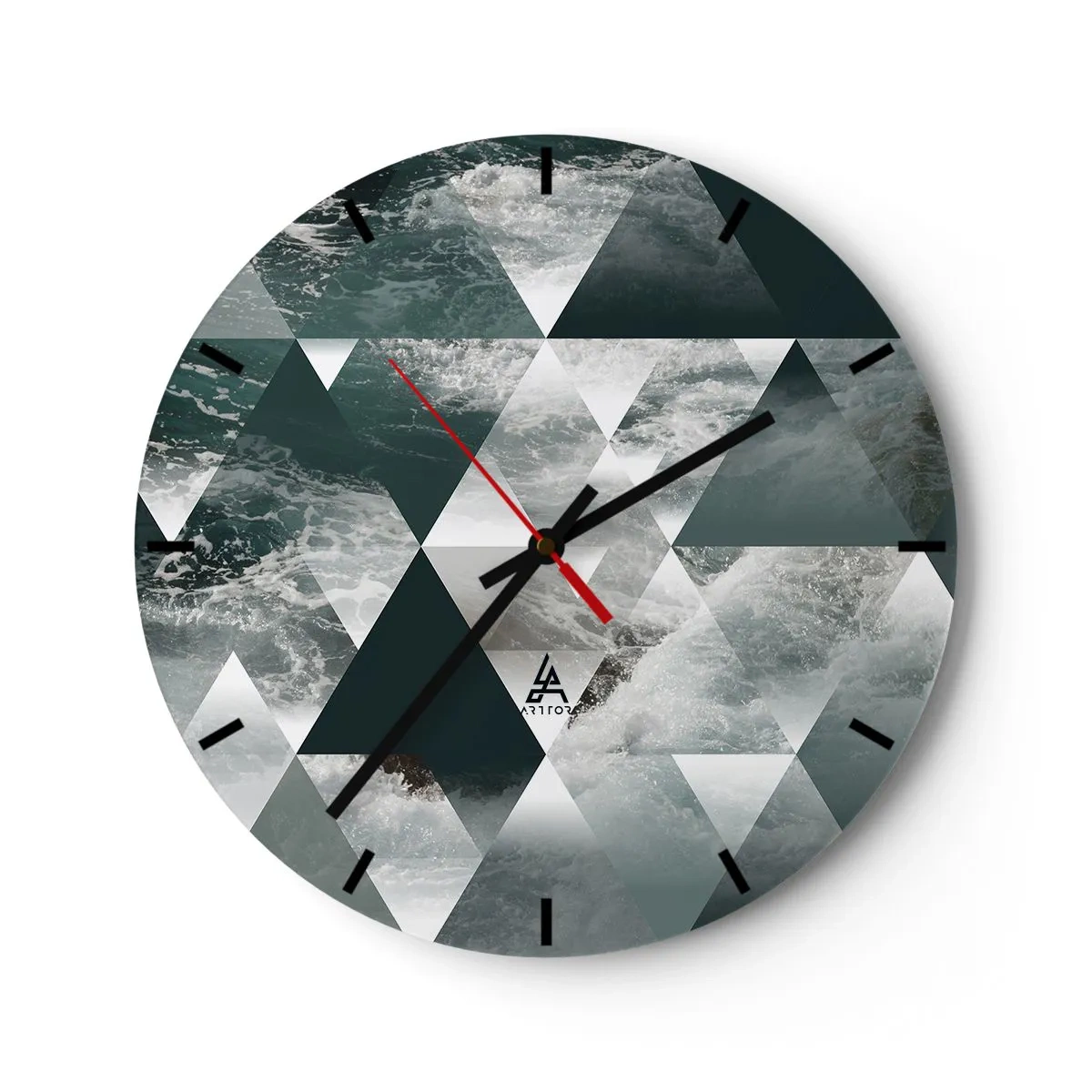 Zegar ścienny - Geometryczne trójkąty z motywem wzburzonego oceanu - 30x30cm - Kryształowa perspektywa - Nowoczesna dekoracja ścienna do salonu, kuchni i sypialni ARTTOR