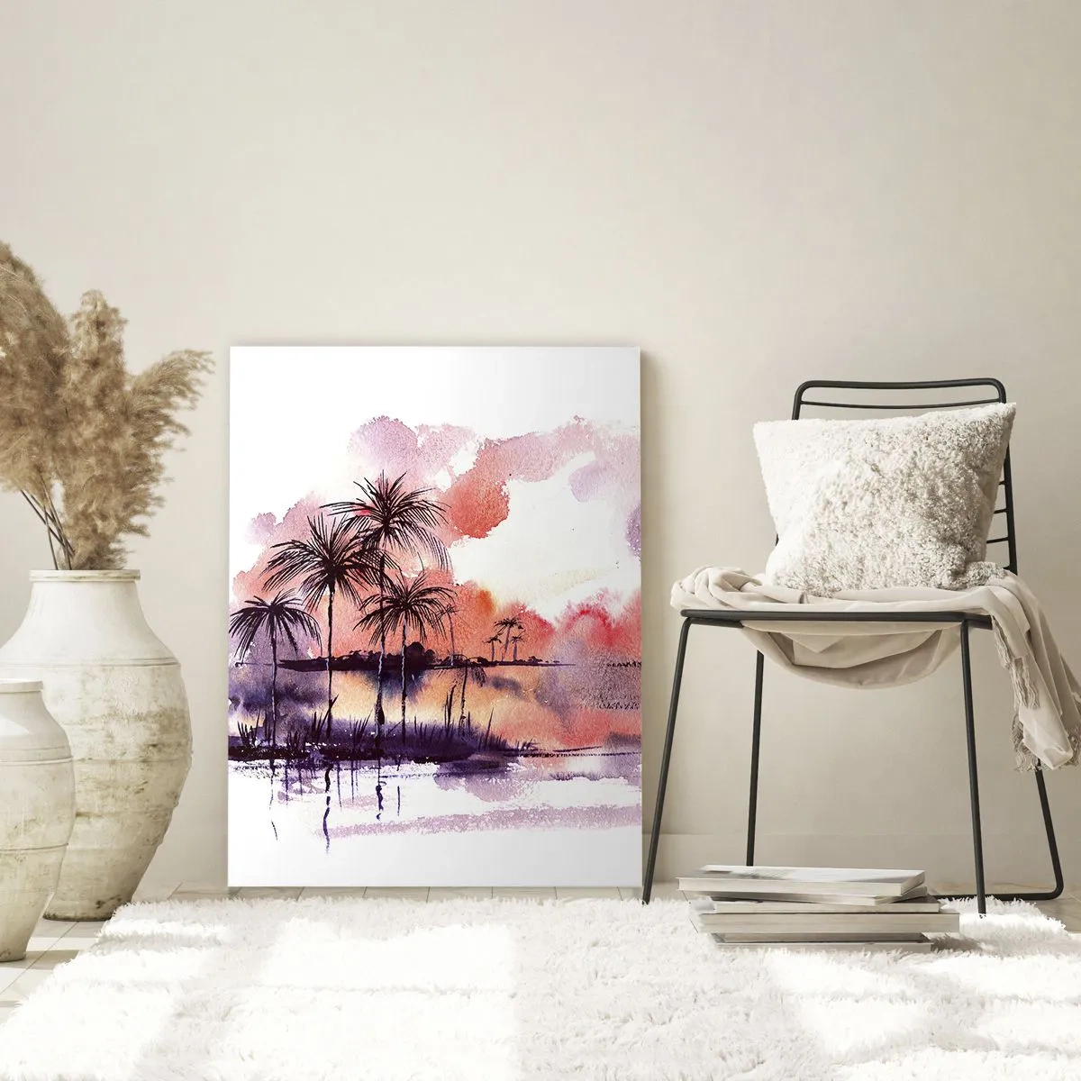 Obraz na szkle - Tropikalny pejzaż z palmami o zachodzie słońca w akwareli - 80x120cm - Spokój tropików w czerwieni - Nowoczesna dekoracja ścienna do salonu i sypialni ARTTOR