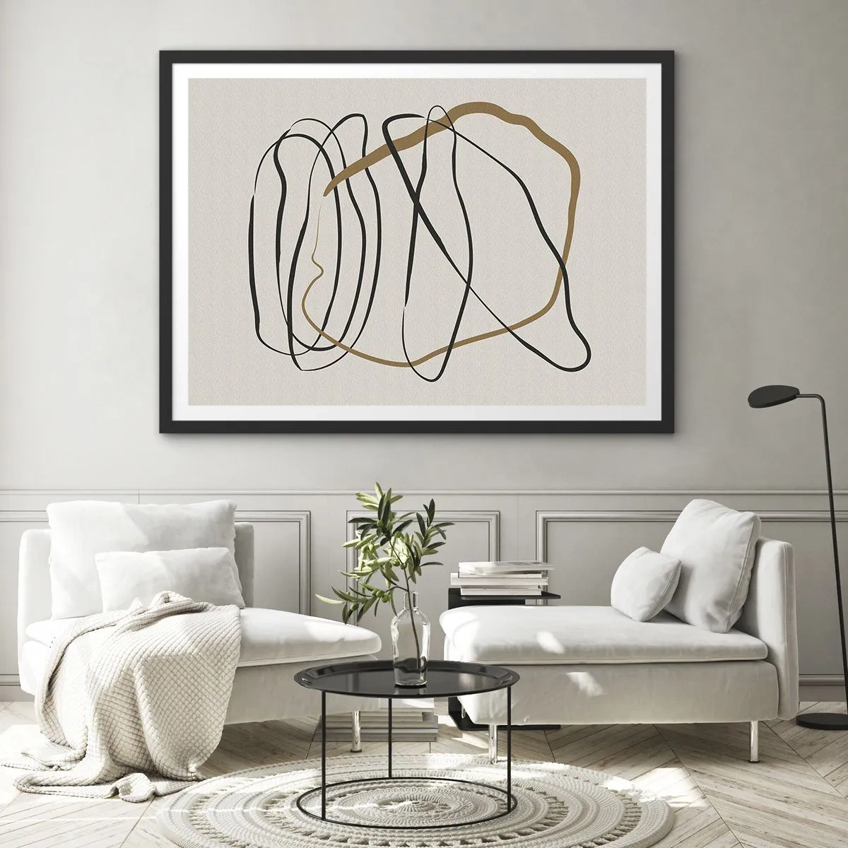 Plakat w czarnej ramie - Artystyczne linie w czerni i złocie na jasnym tle - 70x50cm - Kompozycja – taniec opętaniec - Nowoczesna dekoracja ścienna do salonu i sypialni ARTTOR