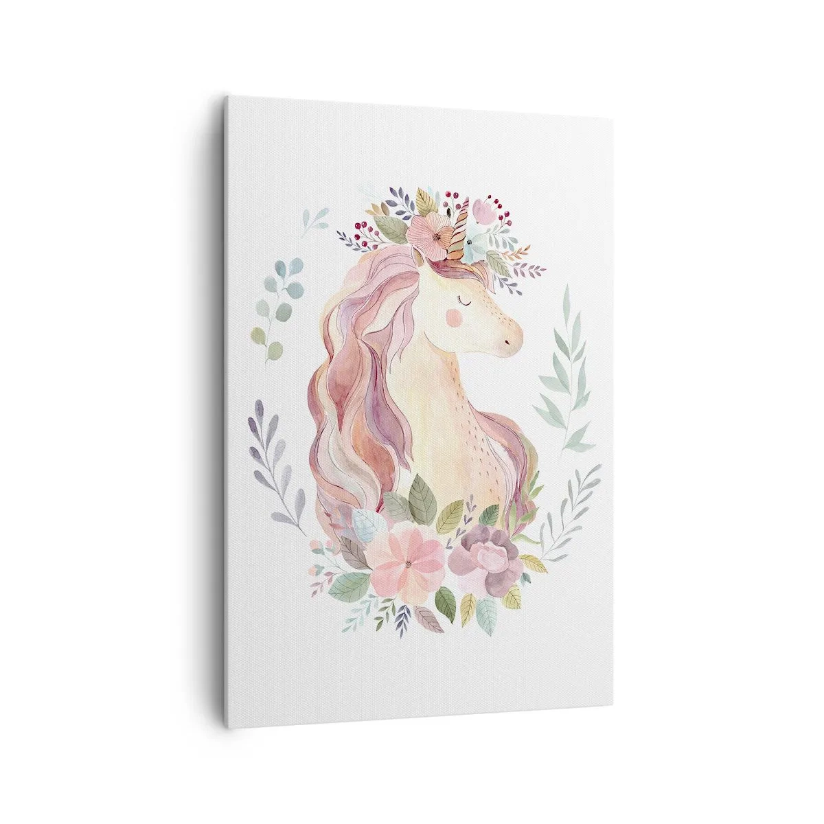 Obraz na płótnie - Jednorożec w pastelowych kolorach otoczony kwiatami - 70x100cm - Zaproszenie do świata baśni - Nowoczesna dekoracja ścienna do salonu i sypialni ARTTOR