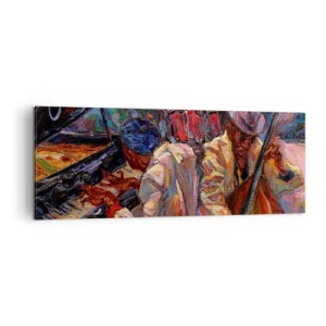 Obraz na płótnie - Energetyczna scena jazzowa z muzykami i instrumentami - 140x50cm - W jednym rytmie - Nowoczesna dekoracja ścienna do salonu i sypialni ARTTOR
