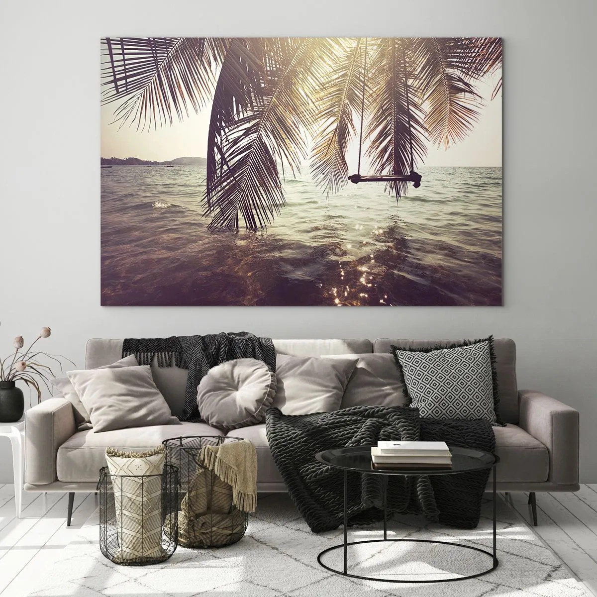 Obraz na szkle - Plaża z palmami i huśtawką nad spokojnym morzem - 70x50cm - Można bujać w obłokach do woli - Nowoczesna dekoracja ścienna do salonu i sypialni ARTTOR