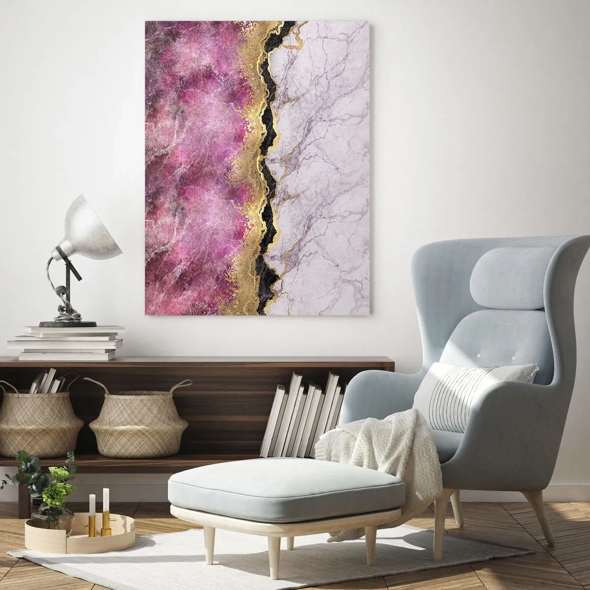 Obraz na szkle - Abstrakcyjna kompozycja marmuru z akcentami złota i purpury - 50x70cm - Na granicy - Nowoczesna dekoracja ścienna do salonu, kuchni i sypialni ARTTOR
