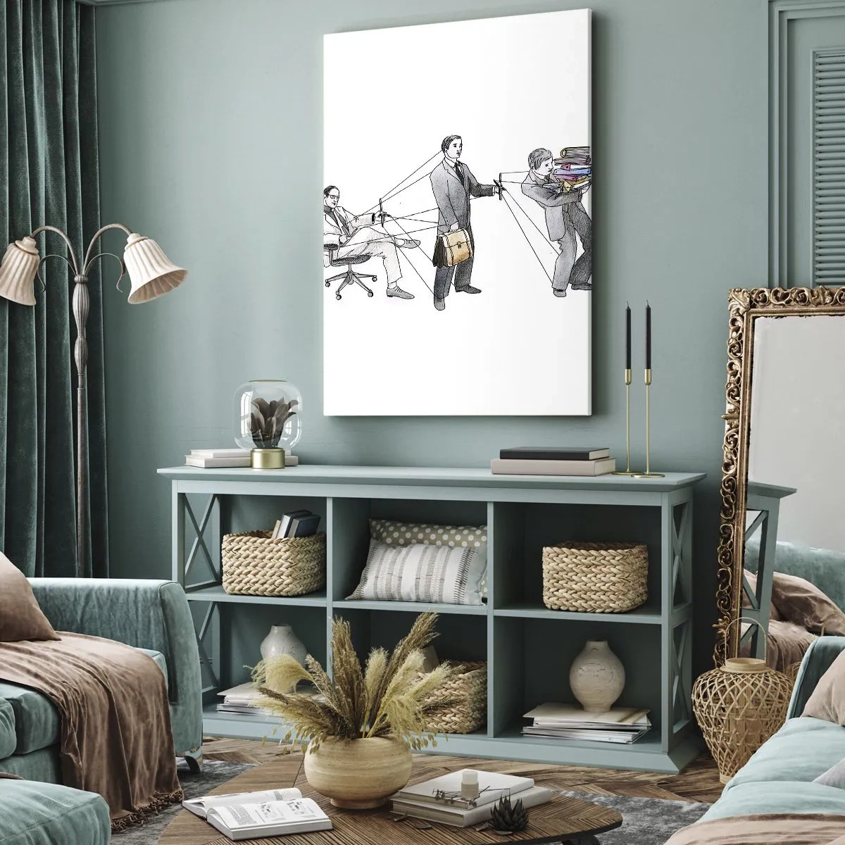 Obraz na płótnie - Ilustracja ukazująca ludzi sterowanych jak marionetki - 70x100cm - Każdy swego pana ma - Nowoczesna dekoracja ścienna do salonu i sypialni ARTTOR