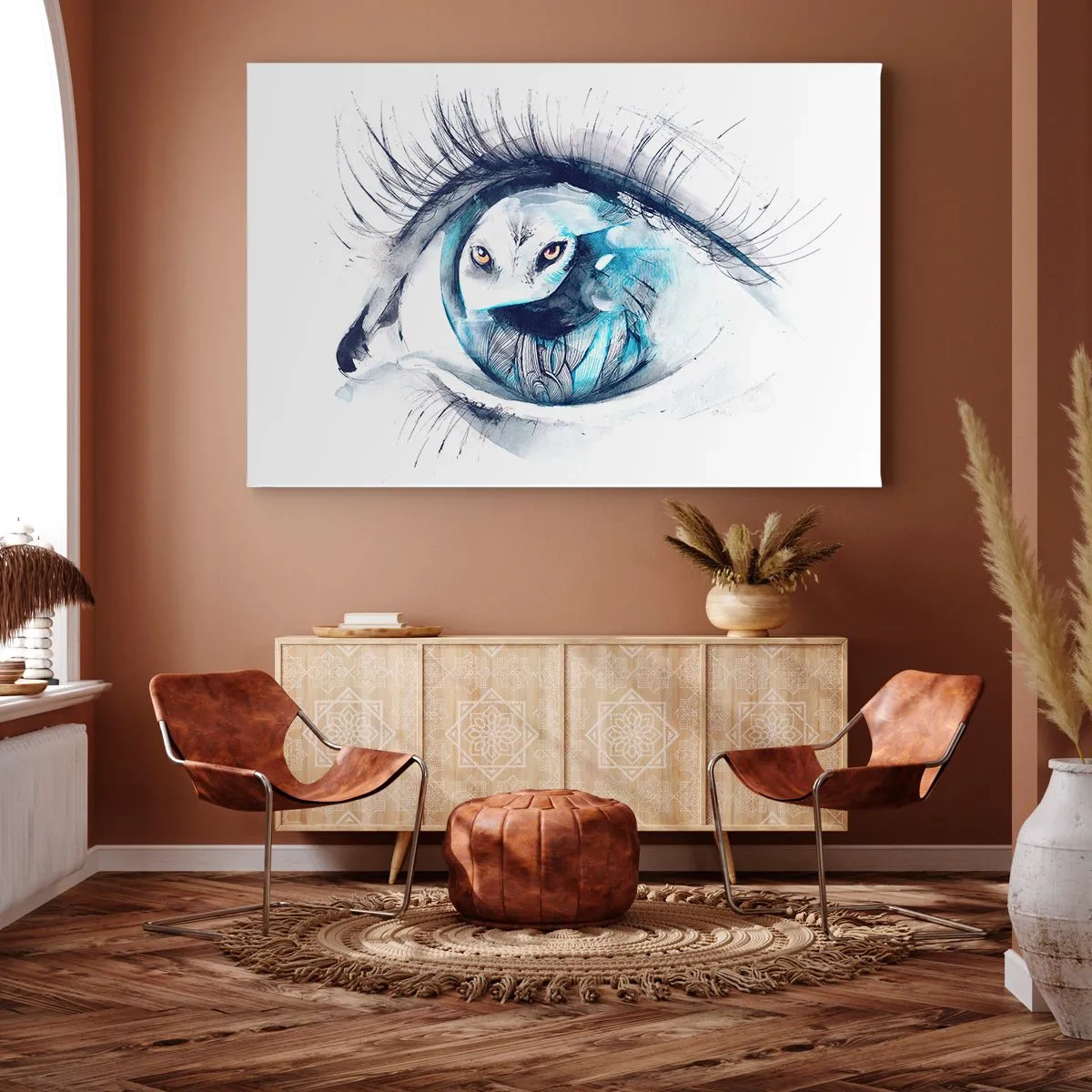 Obraz na płótnie - Oko z wizerunkiem sowy w akwarelowych odcieniach niebieskiego - 70x50cm - Oko w oko z dzikością - Nowoczesna dekoracja ścienna do salonu i sypialni ARTTOR