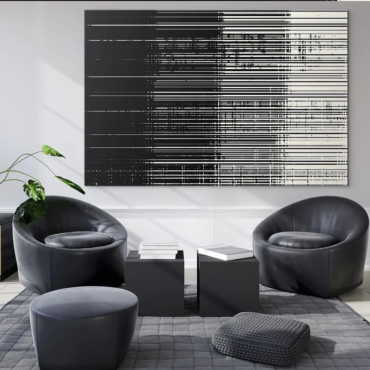 Obraz na szkle - Czarno-biała abstrakcja z poziomymi liniami tworzącymi gradient - 70x50cm - Fale i drgania - Nowoczesna dekoracja ścienna do salonu i sypialni ARTTOR