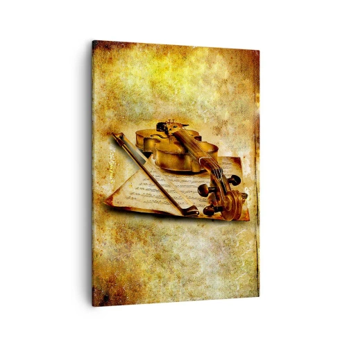 Obraz na płótnie - Skrzypce na tle nut i postarzanego papieru - 50x70cm - Wirtuoz potrzebny od zaraz - Nowoczesna dekoracja ścienna do salonu, kuchni i sypialni ARTTOR