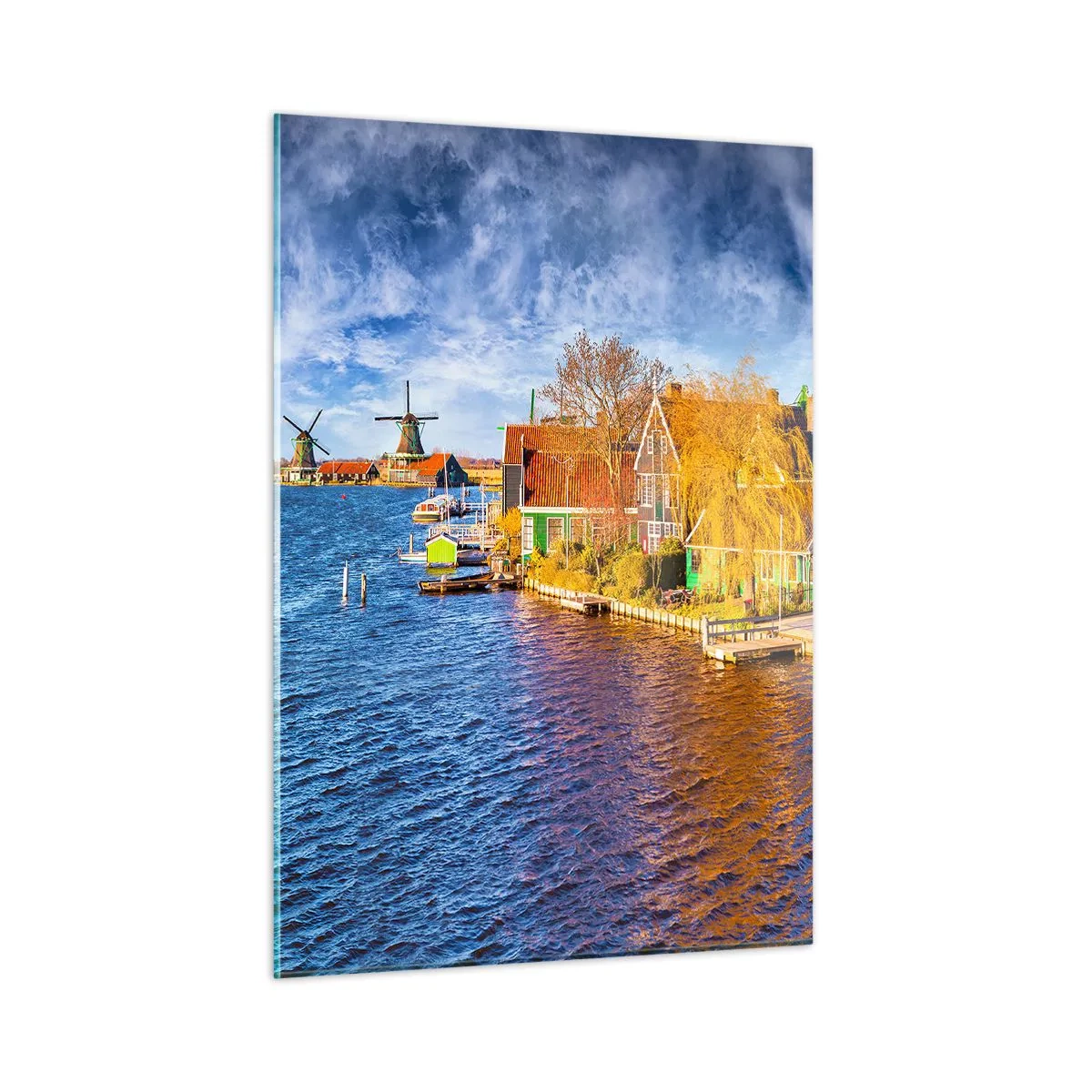 Obraz na szkle - Malownicze holenderskie domy nad wodą z wiatrakami - 50x70cm - Od wieków bez zmian - Nowoczesna dekoracja ścienna do salonu, kuchni i sypialni ARTTOR