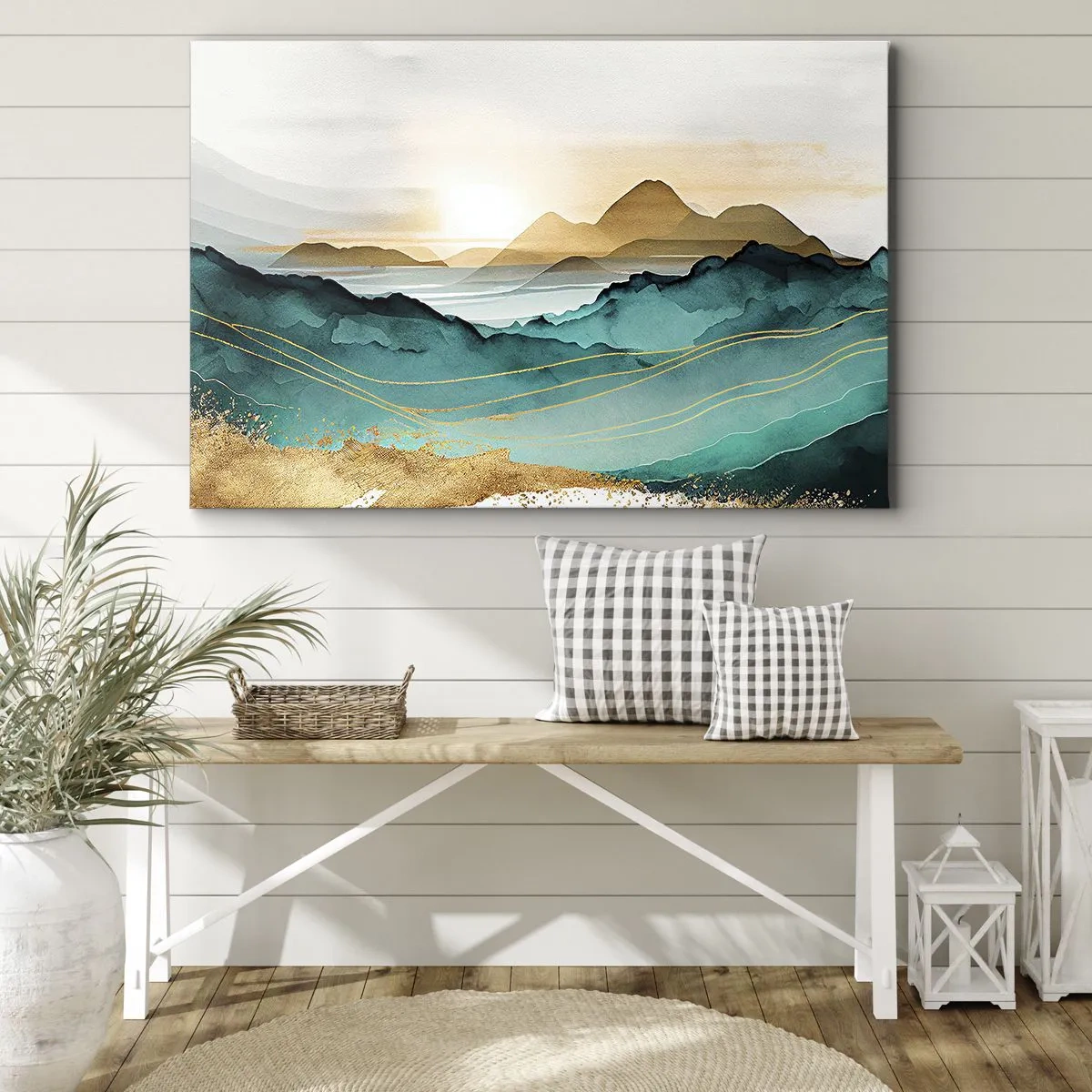 Obraz na płótnie - Abstrakcyjny pejzaż z górami i złotymi akcentami - 70x50cm - Na granicy abstrakcji – pejzaż - Nowoczesna dekoracja ścienna do salonu i sypialni ARTTOR