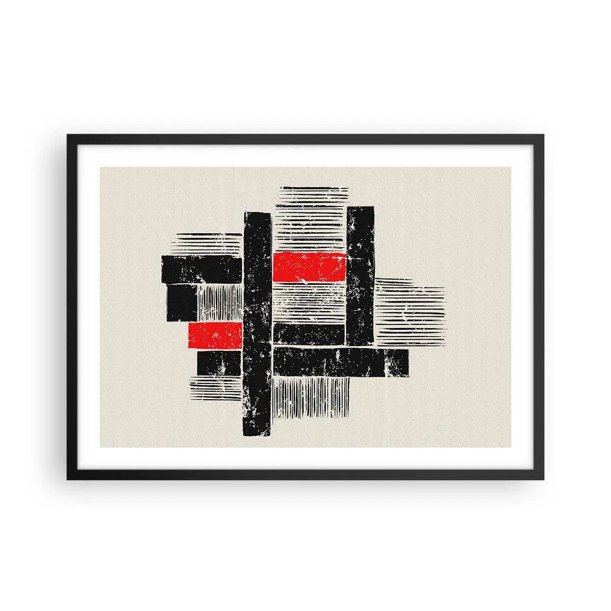 Plakat w czarnej ramie - Abstrakcyjna kompozycja geometryczna w czerni i czerwieni - 70x50cm - Czerwone i czarne - Nowoczesna dekoracja ścienna do salonu i sypialni ARTTOR