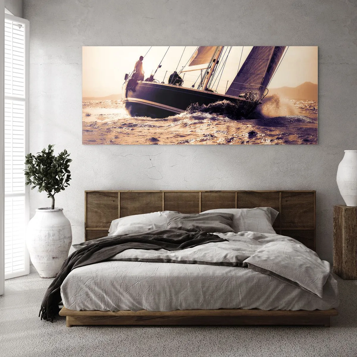 Obraz na szkle - Jacht na wzburzonym morzu w świetle zachodzącego słońca - 140x50cm - Żeglujże, żeglarzu - Nowoczesna dekoracja ścienna do salonu i sypialni ARTTOR