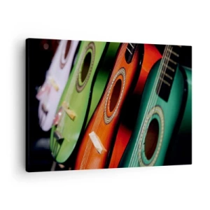Obraz na płótnie - Kolorowe gitary w różnych odcieniach ułożone w szeregu - 70x50cm - Gitara ma wiele barw - Nowoczesna dekoracja ścienna do salonu i sypialni ARTTOR
