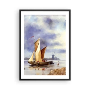 Plakat w czarnej ramie - Żaglowiec przy brzegu z wiatrakiem w tle - 50x70cm - Powrót żeglarzy - Nowoczesna dekoracja ścienna do salonu i sypialni ARTTOR