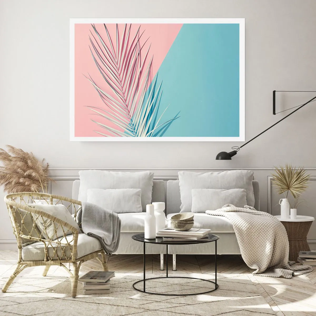 Plakat - Tropikalny liść na tle pastelowych odcieni różu i błękitu - 100x70cm - Tropikalna impresja - Nowoczesna dekoracja ścienna do salonu i sypialni ARTTOR