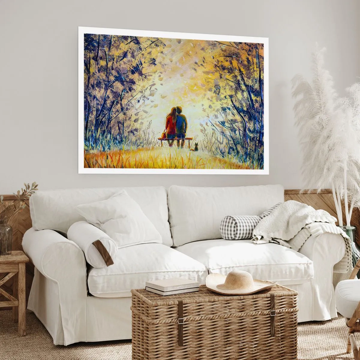 Plakat - Para siedząca na ławce wśród jesiennych drzew w świetle słońca - 100x70cm - Magiczna chwila - Nowoczesna dekoracja ścienna do salonu i sypialni ARTTOR