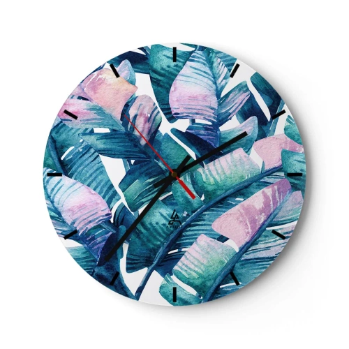 Zegar ścienny - Tropikalne liście w odcieniach zieleni i różu - 30x30cm - W bananowym gaju - Nowoczesna dekoracja ścienna do salonu, kuchni i sypialni ARTTOR