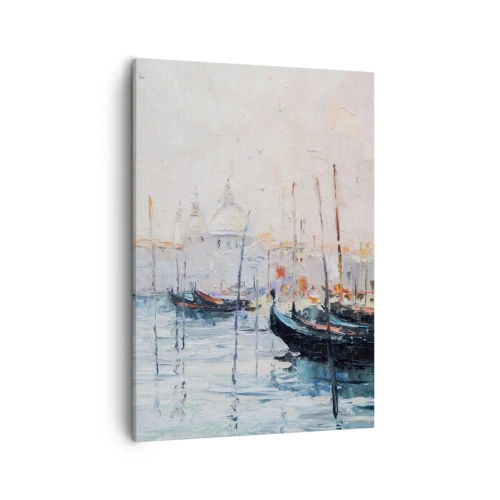 Obraz na płótnie - Malarska impresja gondoli w Wenecji - 50x70cm - Za wodą, za mgłą - Nowoczesna dekoracja ścienna do salonu, kuchni i sypialni ARTTOR