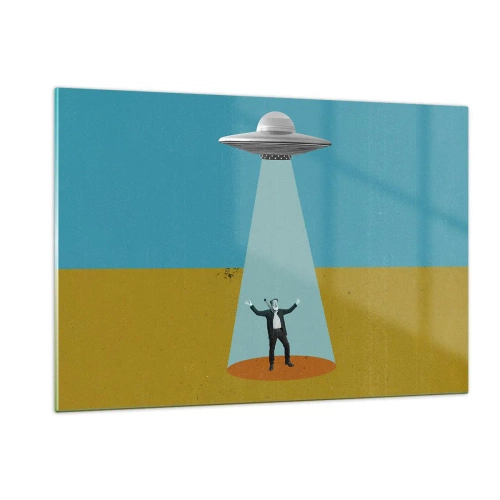 Obraz na szkle - Mężczyzna w świetle spodka kosmicznego na kolorowym tle - 120x80cm - Bliskie spotkanie - Nowoczesna dekoracja ścienna do salonu, kuchni i sypialni ARTTOR