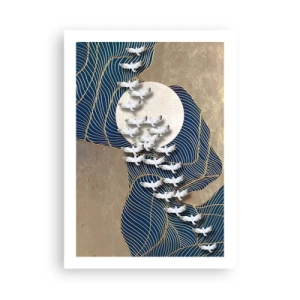 Plakat - Abstrakcyjna kompozycja z ptakami i księżycem w złotych tonacjach - 50x70cm - Wolność, wędrówka, wspólnota - Nowoczesna dekoracja ścienna do salonu, kuchni i sypialni ARTTOR