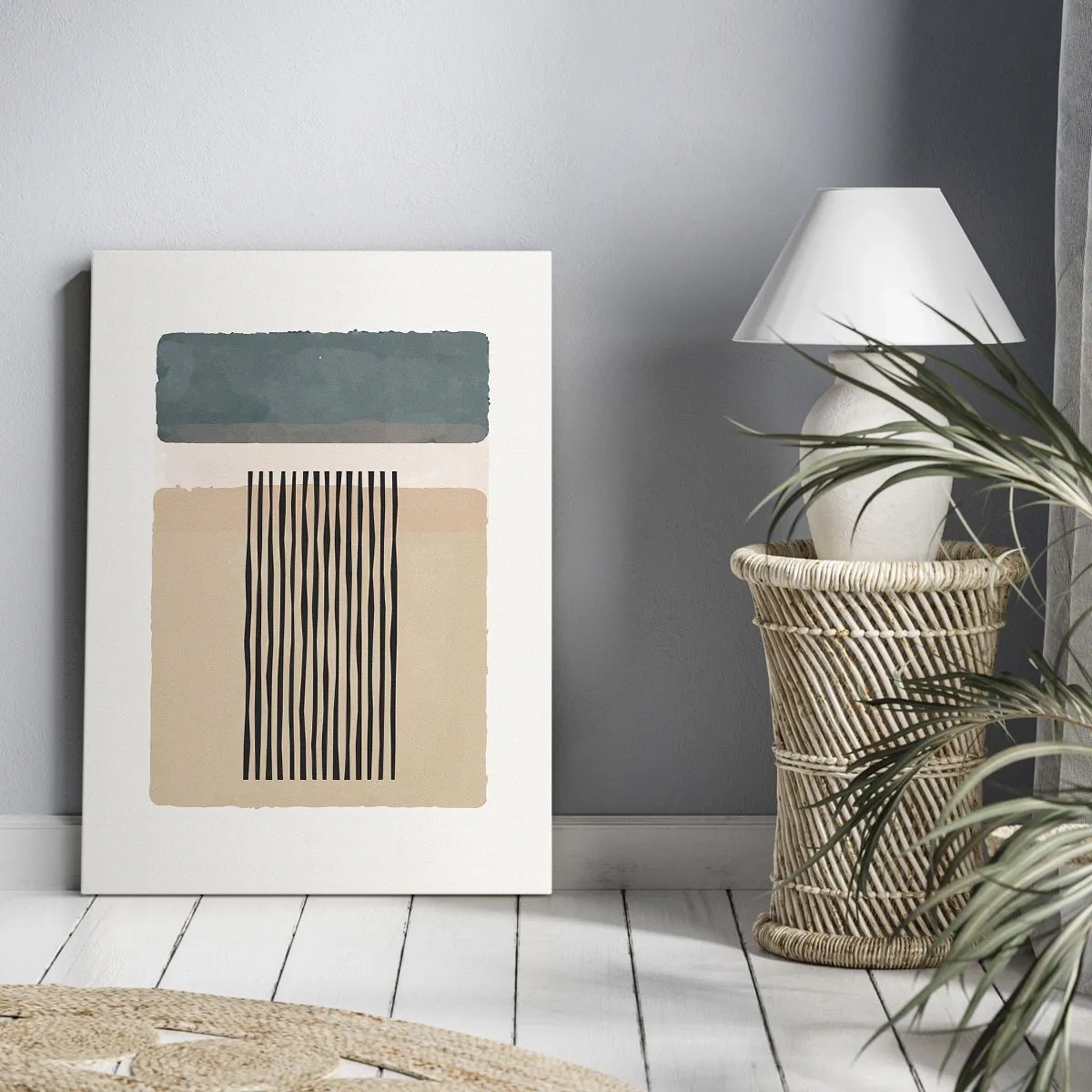 Obraz na płótnie - Abstrakcyjna kompozycja geometryczna z pastelowymi kształtami i czarnymi liniami - 50x70cm - Wszystko w porządku - Nowoczesna dekoracja ścienna do salonu, kuchni i sypialni ARTTOR