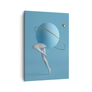 Obraz na płótnie - Surrealistyczna postać z niebieską planetą zamiast głowy na monochromatycznym tle - 50x70cm - A planety szaleją - Nowoczesna dekoracja ścienna do salonu, kuchni i sypialni ARTTOR