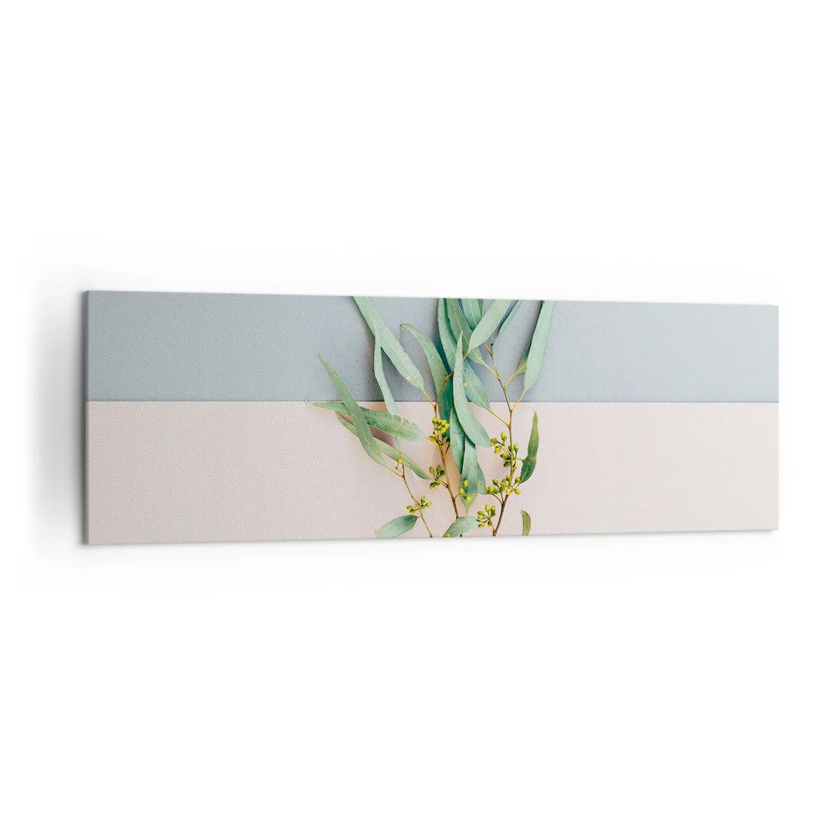 Obraz na płótnie - Gałązka z liśćmi na tle pastelowych odcieni - 160x50cm - Pastelowa subtelność - Nowoczesna dekoracja ścienna do salonu i sypialni ARTTOR