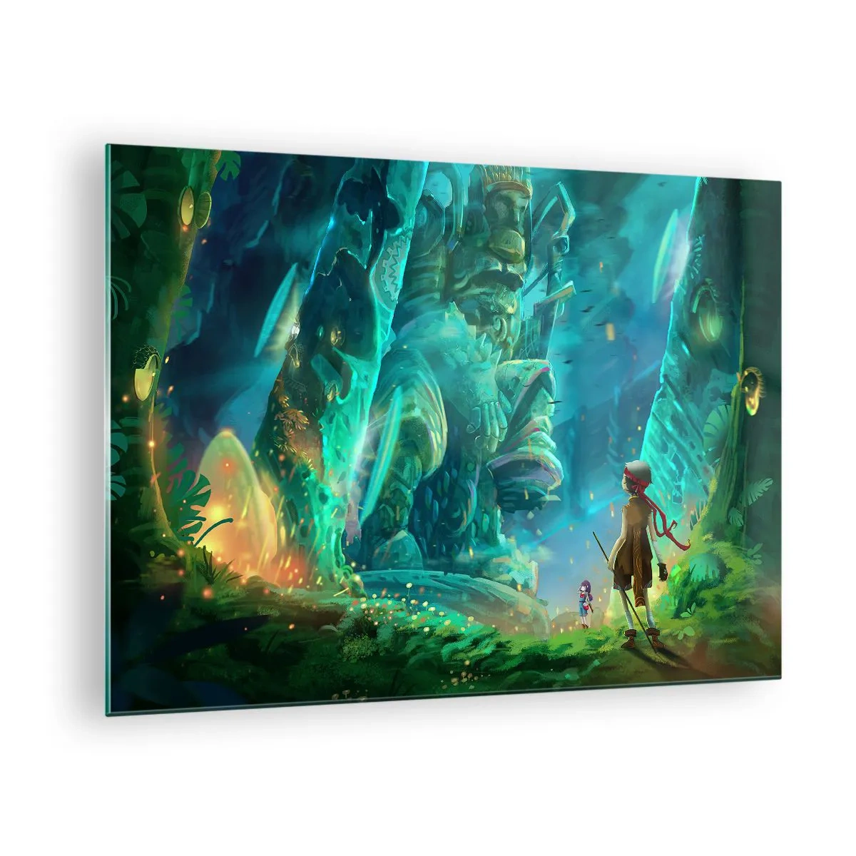 Obraz na szkle - Fantastyczny krajobraz z postacią i starożytnym posągiem w lesie - 70x50cm - Z wielkiej Księgi Baśni - Nowoczesna dekoracja ścienna do salonu i sypialni ARTTOR