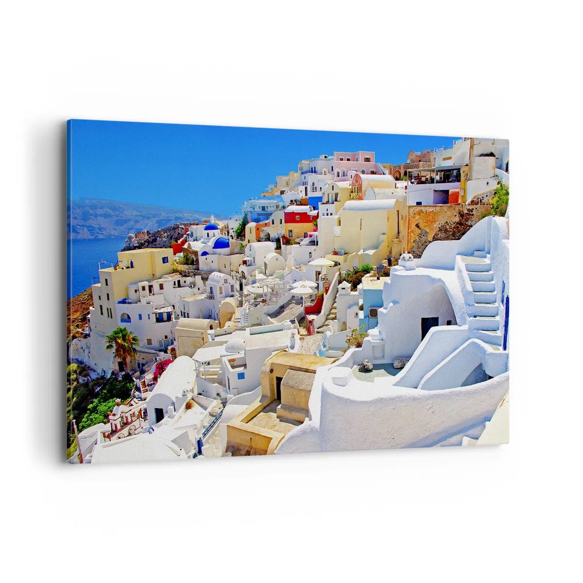 Obraz na płótnie - Panorama Santorini z białymi domami i błękitnym niebem - 120x80cm - Marzenie o greckim lecie - Nowoczesna dekoracja ścienna do salonu, kuchni i sypialni ARTTOR