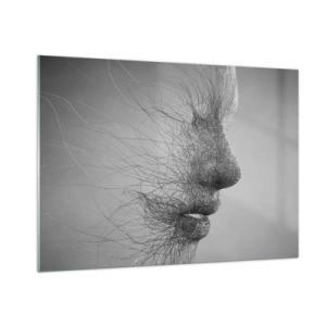 Obraz na szkle - Czarno-biały abstrakcyjny profil twarzy z liniami - 100x70cm - Duch wiatru - Nowoczesna dekoracja ścienna do salonu, kuchni i sypialni ARTTOR
