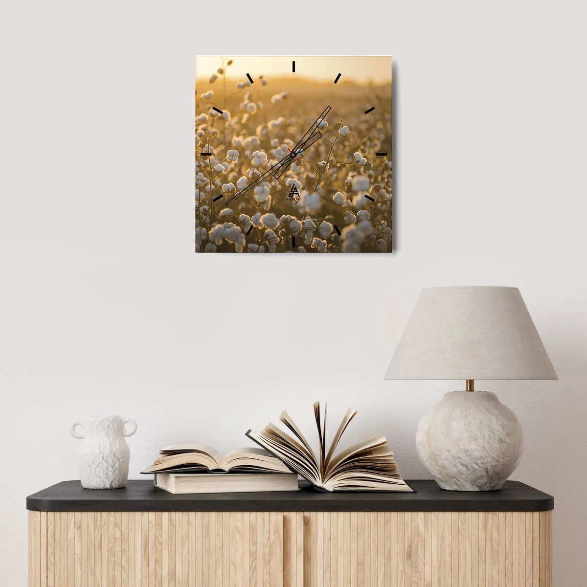 Zegar ścienny - Pole bawełny w ciepłym świetle zachodzącego słońca - 30x30cm - Puszyste pole - Nowoczesna dekoracja ścienna do salonu i sypialni ARTTOR