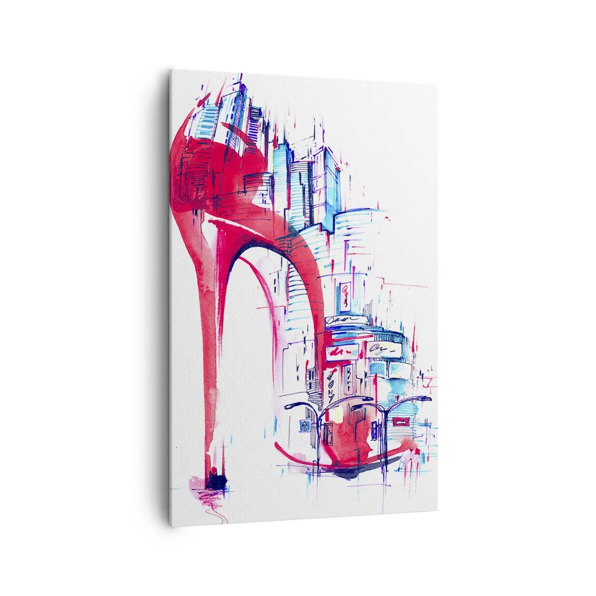 Obraz na płótnie - Abstrakcyjna szpilka w odcieniach czerwieni z miejskimi detalami - 80x120cm - Wielkomiejska elegantka - Nowoczesna dekoracja ścienna do salonu i sypialni ARTTOR