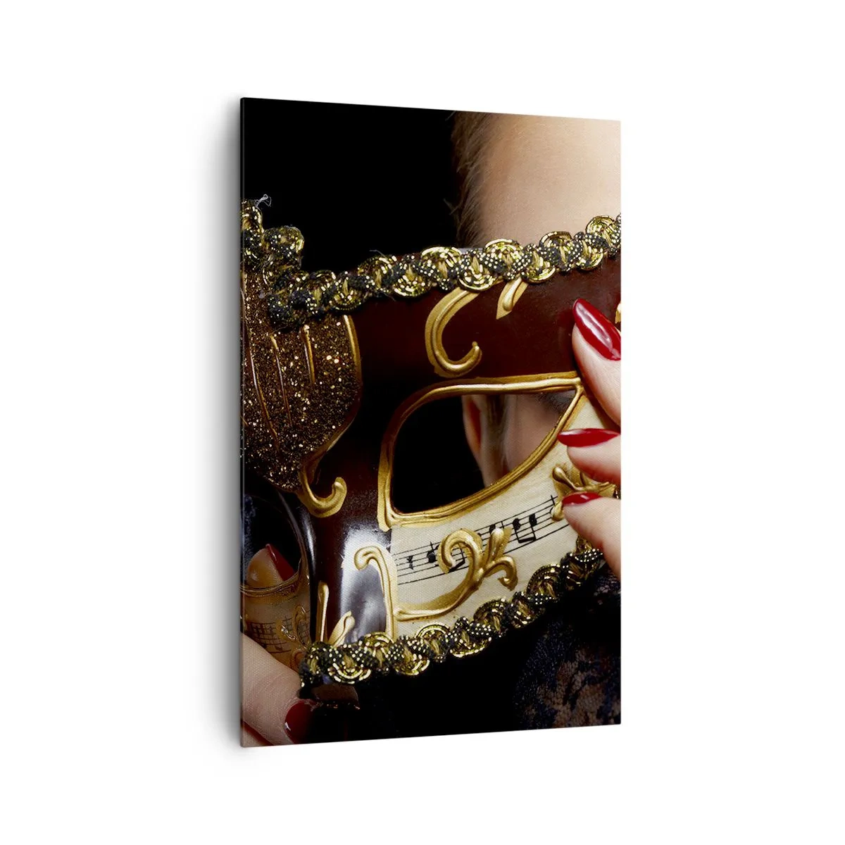 Obraz na płótnie - Kobieta w masce weneckiej ozdobionej złotem i koronką - 80x120cm - Mój świat jest barokowy - Nowoczesna dekoracja ścienna do salonu i sypialni ARTTOR