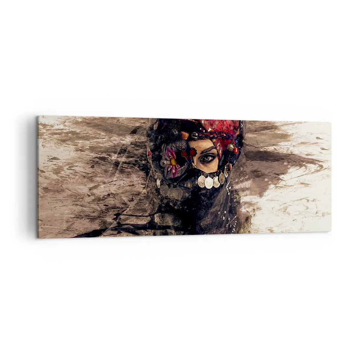 Obraz na płótnie - Artystyczny portret kobiety w orientalnym stroju na abstrakcyjnym tle - 140x50cm - Co najmniej niepokojąca - Nowoczesna dekoracja ścienna do salonu i sypialni ARTTOR