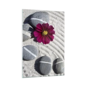 Obraz na szkle - Kamienie i różowy kwiat na piasku w stylu zen - 80x120cm - Energia i spokój magicznego kręgu natury - Nowoczesna dekoracja ścienna do salonu i sypialni ARTTOR