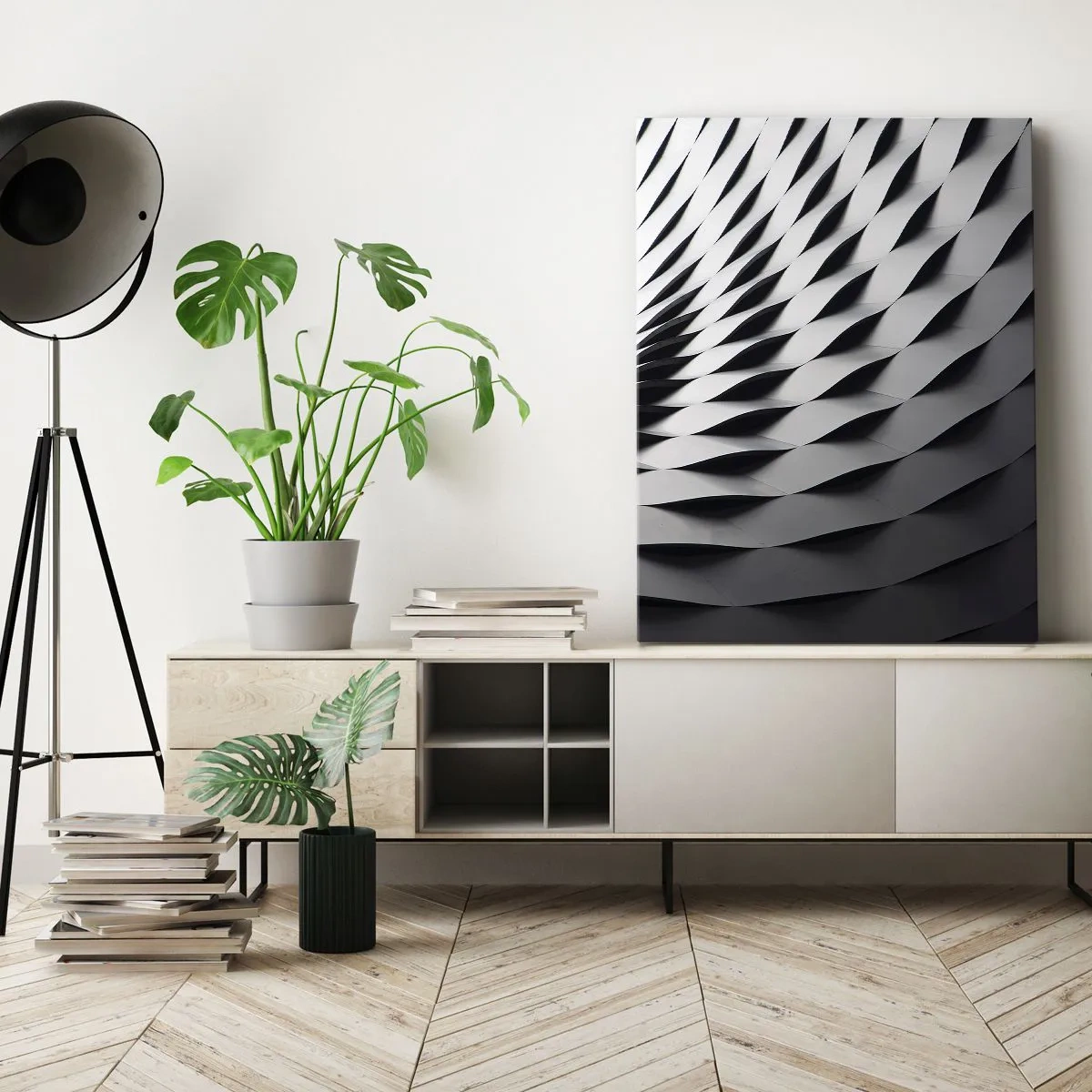Obraz na płótnie - Nowoczesna fasada budynku o geometrycznym wzorze - 50x70cm - Na powierzchni fal - Nowoczesna dekoracja ścienna do salonu, kuchni i sypialni ARTTOR