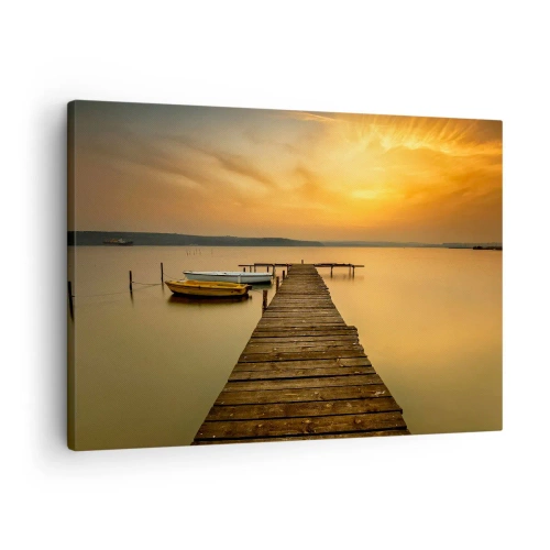 Obraz na płótnie - Drewniany pomost i łódki na jeziorze o zachodzie słońca - 70x50cm - Niebo złote ci otworzę - Nowoczesna dekoracja ścienna do salonu i sypialni ARTTOR