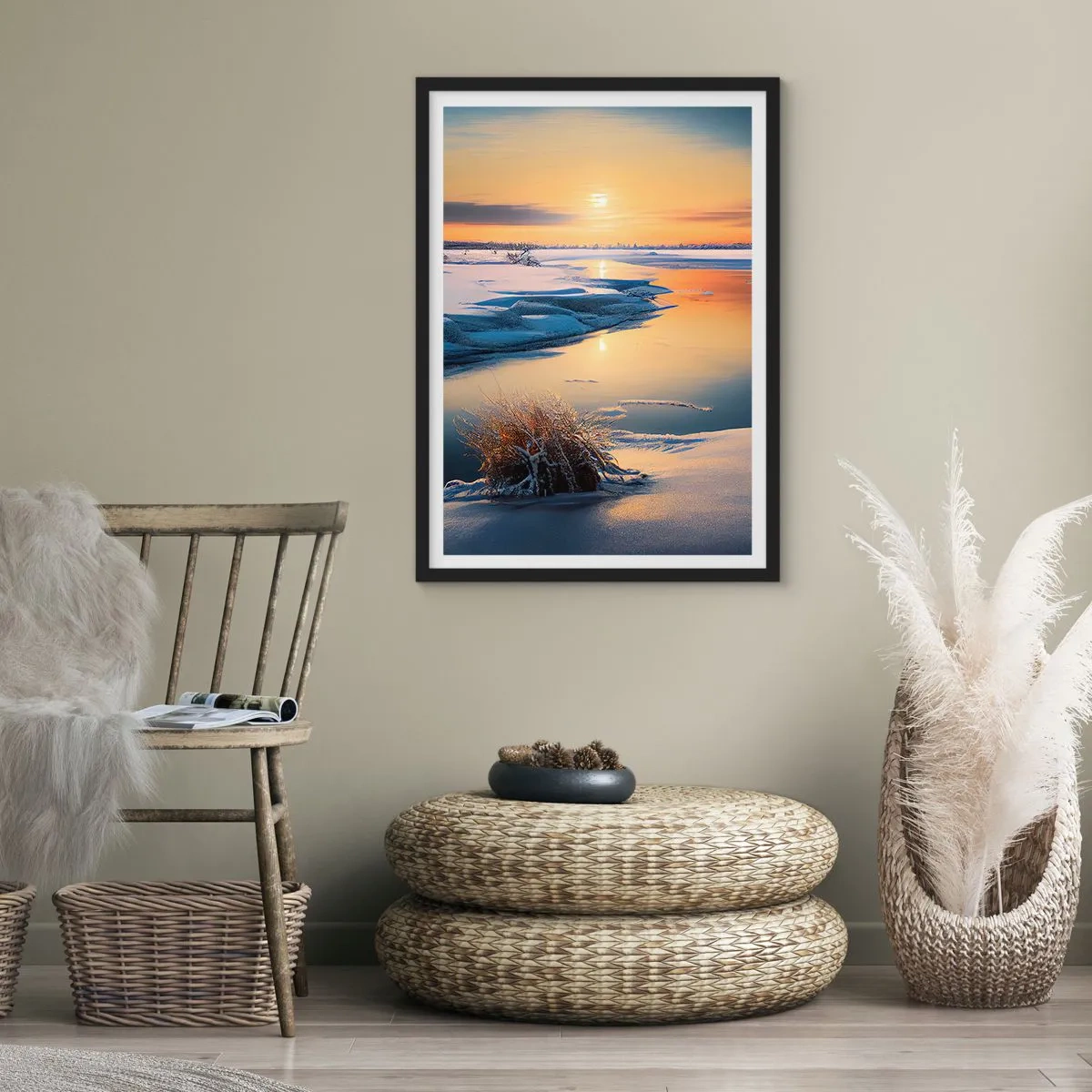 Plakat w czarnej ramie - Zimowy pejzaż z rzeką o zachodzie słońca - 50x70cm - Zimowy zachód słońca - Nowoczesna dekoracja ścienna do salonu i sypialni ARTTOR