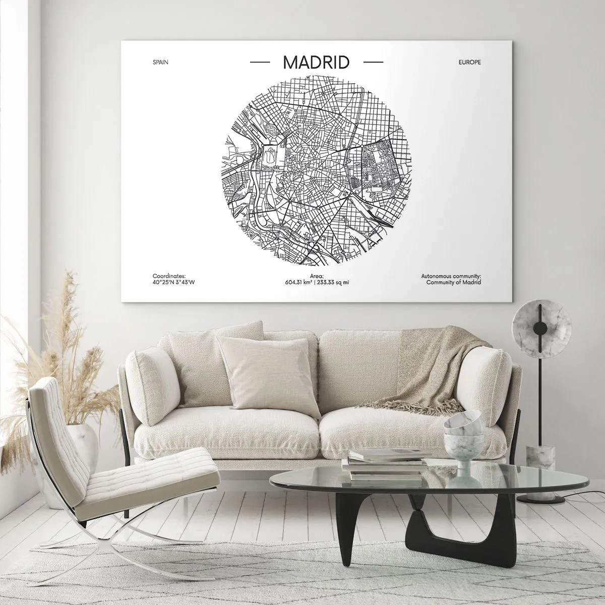 Obraz na szkle - Czarno-biała minimalistyczna mapa Madrytu w formie koła - 120x80cm - Anatomia Madrytu - Nowoczesna dekoracja ścienna do salonu, kuchni i sypialni ARTTOR