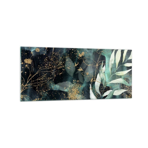 Obraz na szkle - Eleganckie liście na ciemnym tle z złotymi akcentami - 120x50cm - Zaczarowany ogród - Nowoczesna dekoracja ścienna do salonu i sypialni ARTTOR