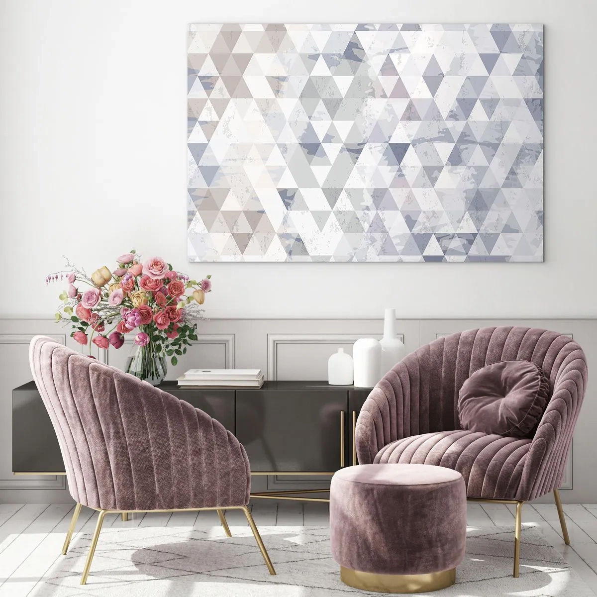Obraz na szkle - Geometryczny wzór z trójkątów w neutralnych odcieniach szarości i beżu - 100x70cm - W rytmie na trzy - Nowoczesna dekoracja ścienna do salonu, kuchni i sypialni ARTTOR